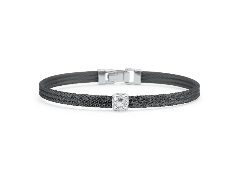 Men’s Leather Cuff Bracelets-ALOR Black Cable Classic Stackable Bracelet with Single Square Station set in 18kt White Gold