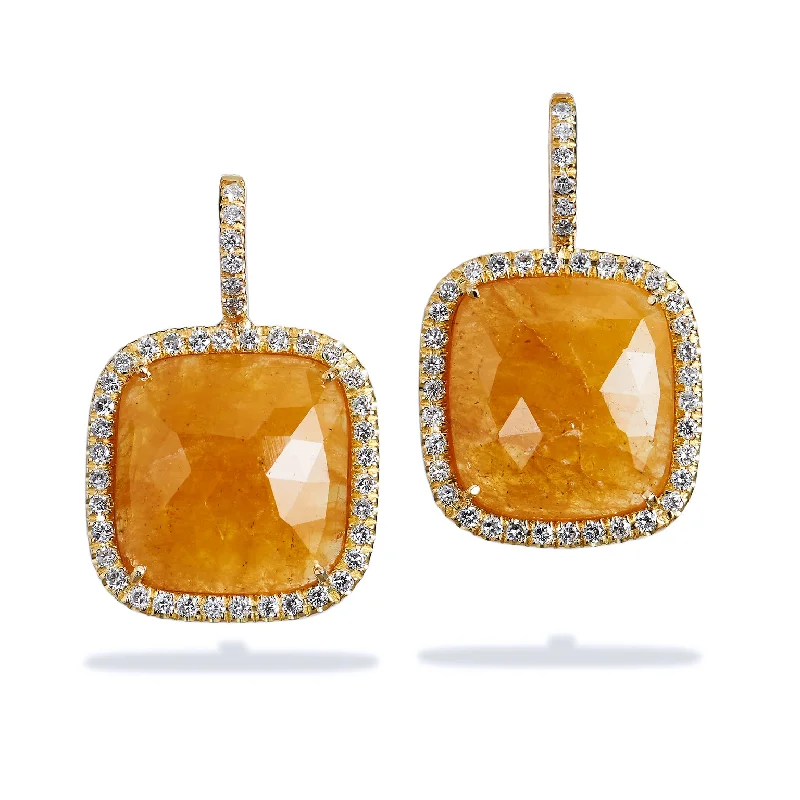 Handmade Gemstone Earrings For Fashion-13.58 Carat Cushion Cut Yellow Sapphire And Diamond Earrings