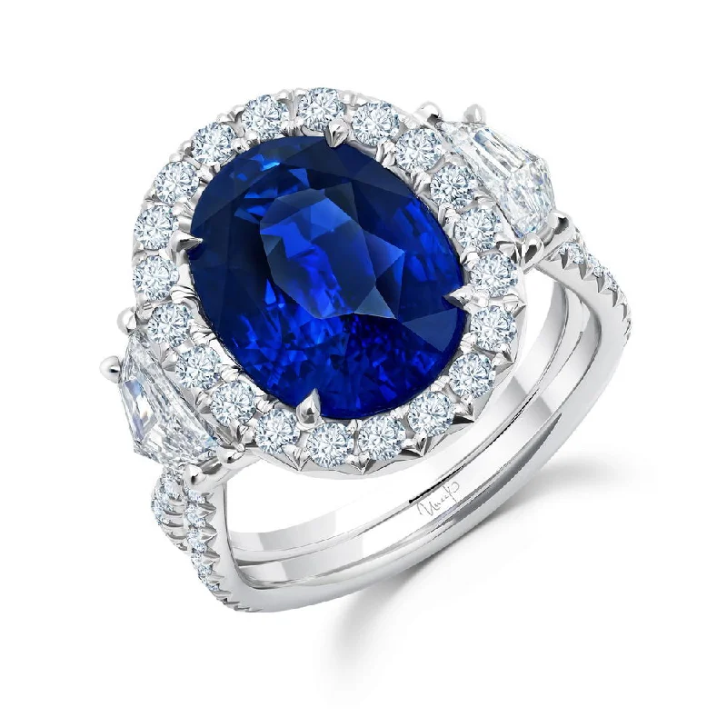 Sparkling Custom Engagement Rings For Modern Brides-Uneek Precious Collection Halo Oval Shaped Blue Sapphire Fashion Ring