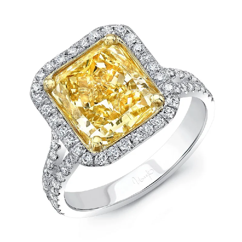 Trendy Engagement Rings With Unique Stones-Uneek 4-Carat Radiant-Cut Fancy Intense Yellow Diamond Halo Ring with Split Shank