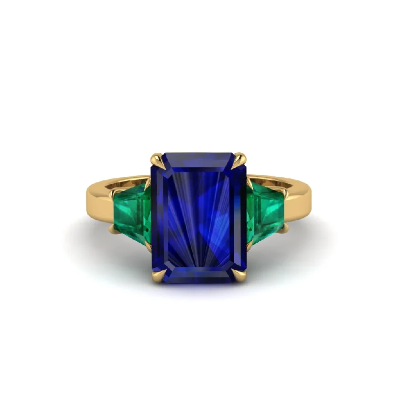 Personalized Custom Rings For Wedding Day-Sapphire Emerald Cut Three Stone Ring With Custom Baguette - Yvette No. 28