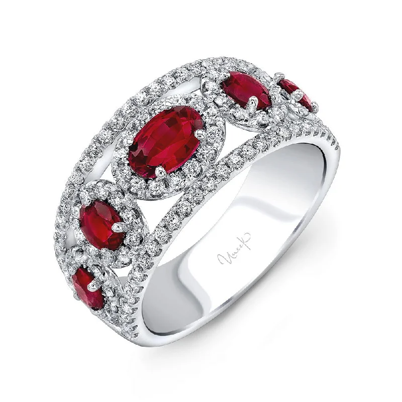 Trendy Rose Gold Engagement Rings For Brides-Uneek Precious Collection 5-Stone-Halo Oval Shaped Ruby Fashion Ring