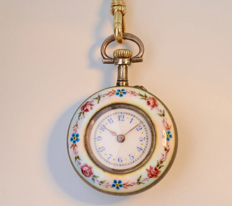 Women’s Watches With Stainless Steel Bands-Antique Victorian pendant watch with enamel painting on  one side