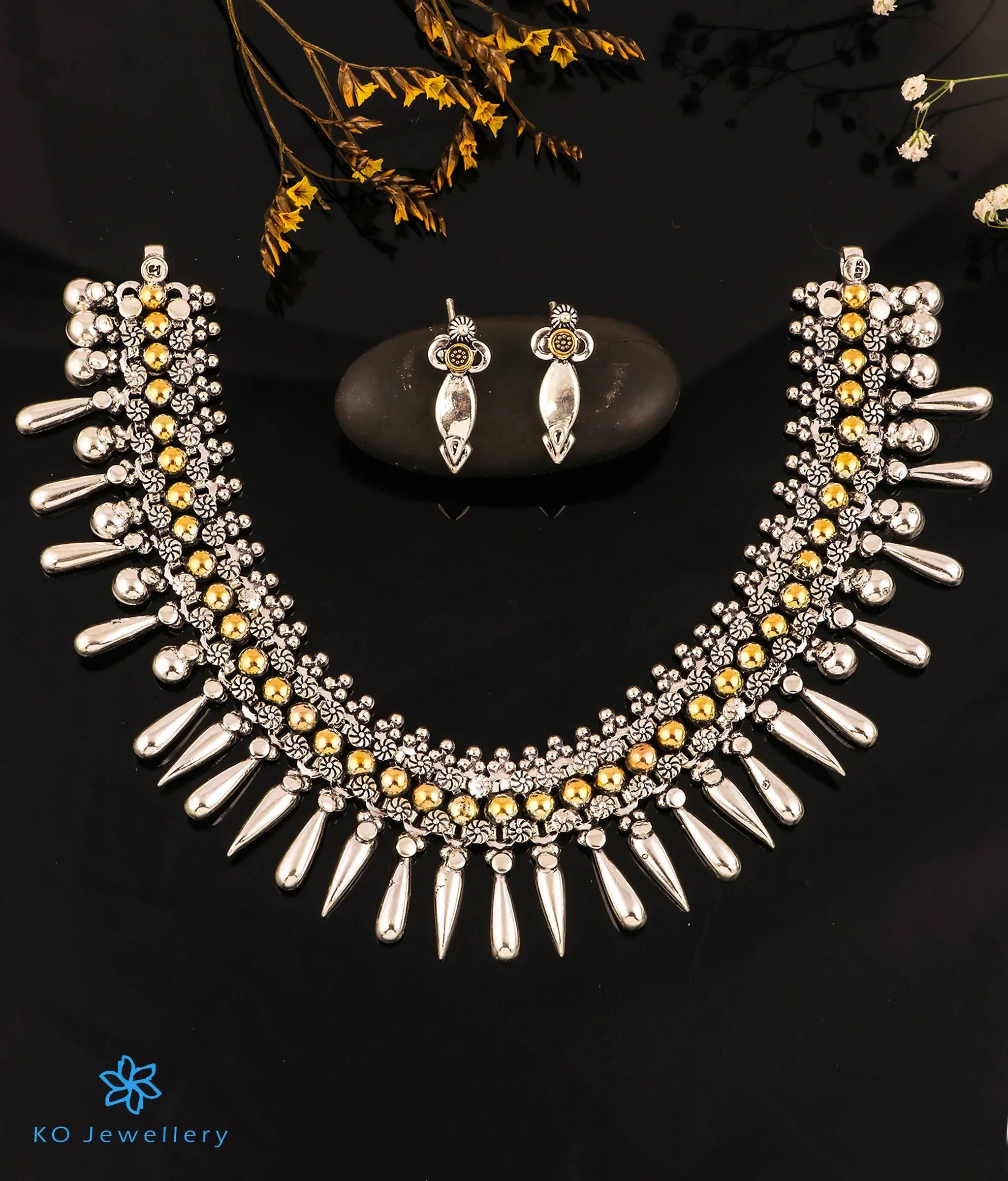 Trendy Nameplate Necklace For Fashion Lovers-The Ritu Silver Antique Necklace & Earrings (2 tone)