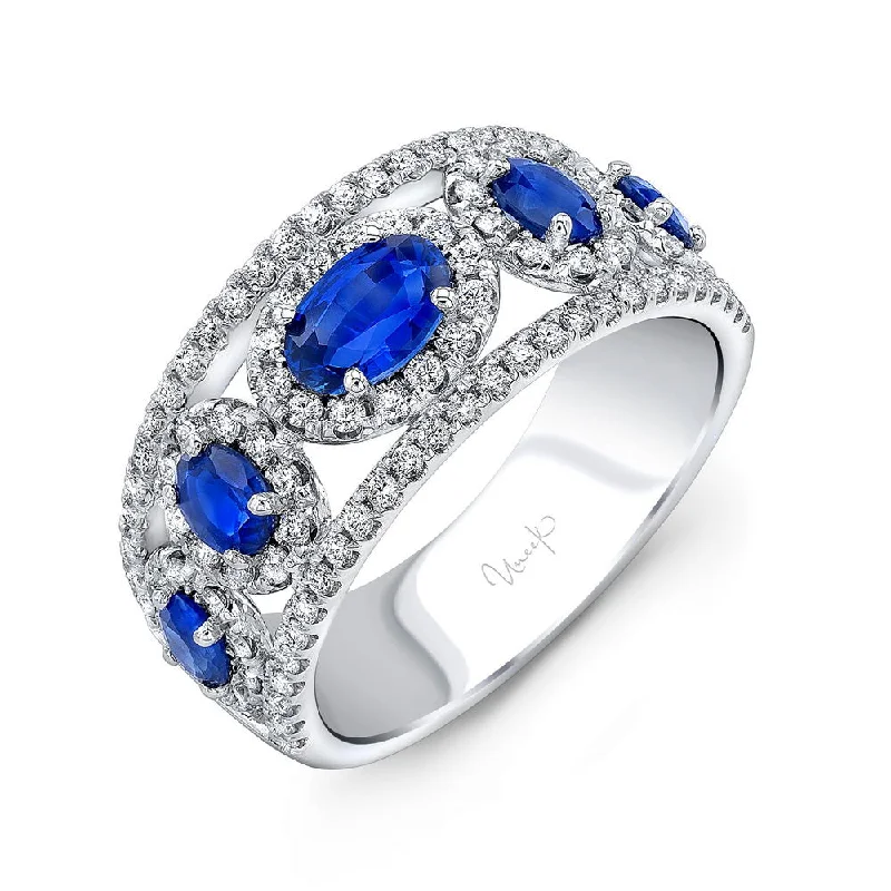 Personalized Gemstone Engagement Rings For Couples-Uneek Precious Collection 5-Stone-Halo Oval Shaped Blue Sapphire Fashion Ring