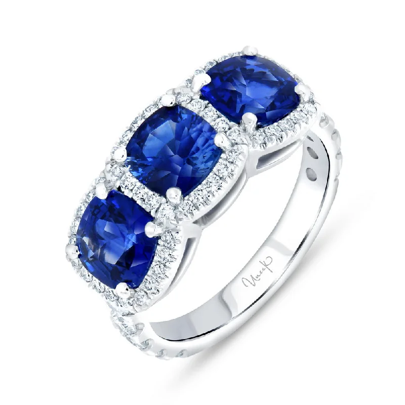 Personalized Stacking Rings For Fashion-Forward Brides-Uneek Precious Collection 3-Stone-Halo Cushion Cut Blue Sapphire Engagement Ring