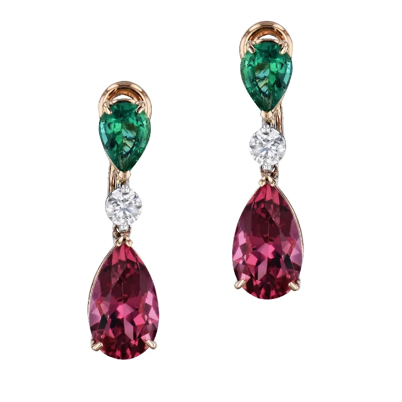 Elegant Long Earrings For Formal Events-Emerald Diamond Tourmaline Rose Gold Drop Earrings