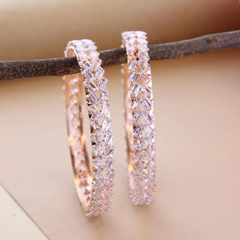 Classic Custom Wedding Bangles For Bridesmaids Gifts-Etnico Rose Gold Plated Thick Brass Bangles Encased With CZ American Diamonds For Women/Girls (ADB457RG) (Set of 2)