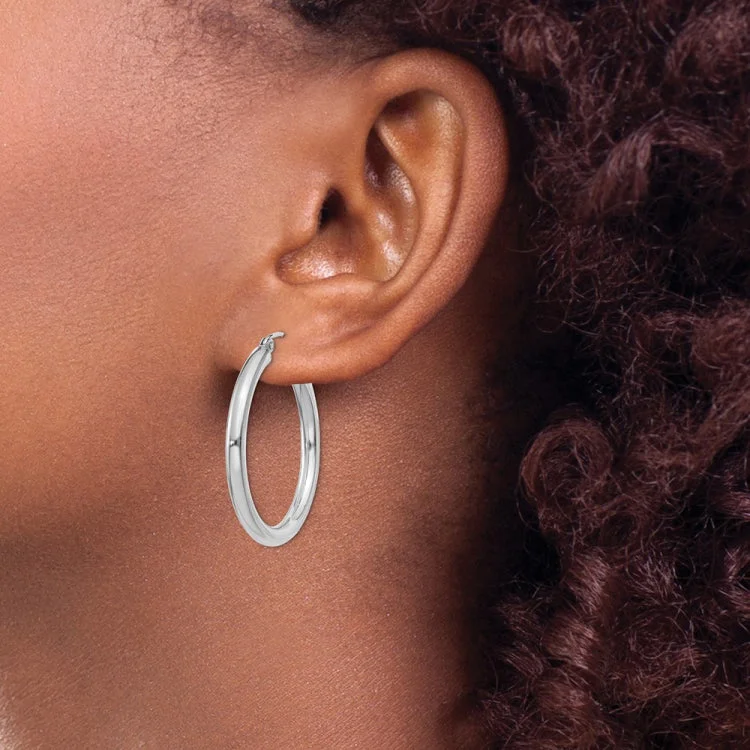 Vintage-Inspired Drop Earrings For Special Events-14K White Gold Polished 3mm Lightweight Tube Hoop Earrings