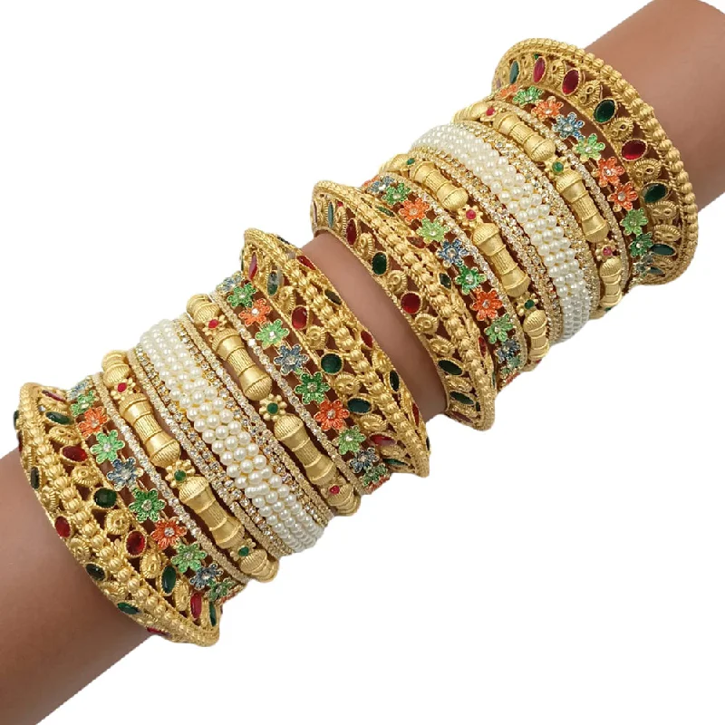 Personalized Custom Gold Bangles For Bridesmaids-Padmawati Bangles Gold Plated Austrian Stone And Pearl Bangle Set