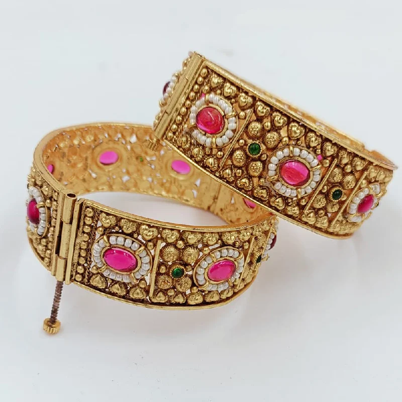 Trendy Custom Wedding Bangles For Brides With Gemstones-Pooja Bangles Gold Plated Kundan Openable Bangles Set