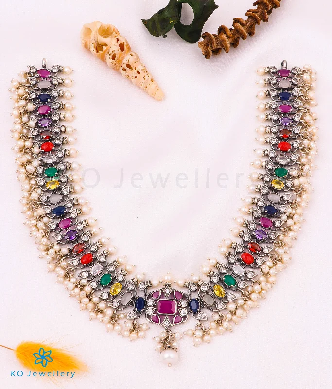 Luxury Gemstone Necklace For Bridesmaids-The Lipika Silver Navratna Guttapusalu Necklace