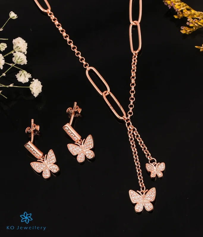 Custom Crystal Pendant Necklace For Weddings-The Shining Butterflies Silver Rose-gold Necklace & Earrings