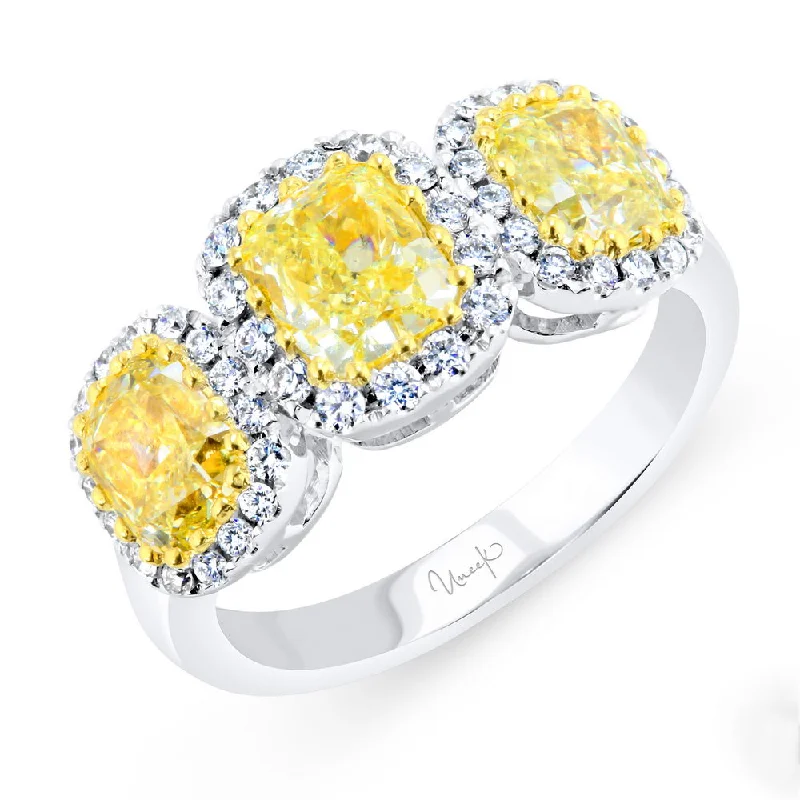 Elegant Gemstone Engagement Rings For Bridesmaids-Uneek Cushion Fancy Yellow Diamond Three-Stone Three-Halo Ring