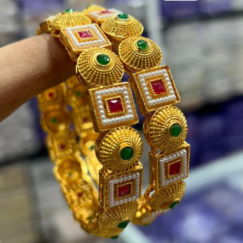 Classic Custom Wedding Bangles For Brides With Gems-Kavita Art Gold Plated Pearl And Meenakari Bangles Set