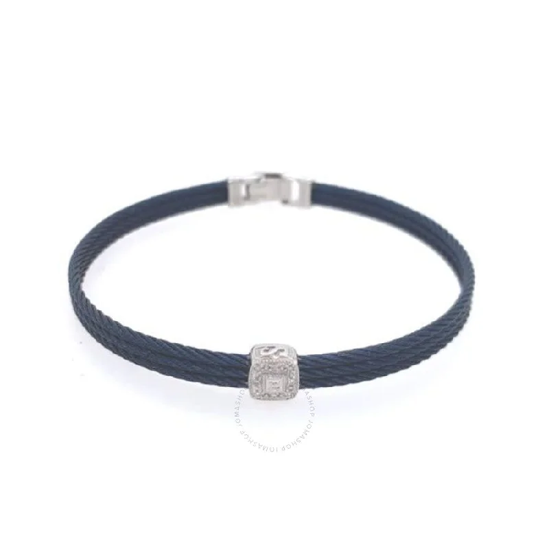 Silver Statement Bracelets For Fashion-ALOR BlueCable Classic Stackable Bracelet with Single Square Station set in 18kt White Gold