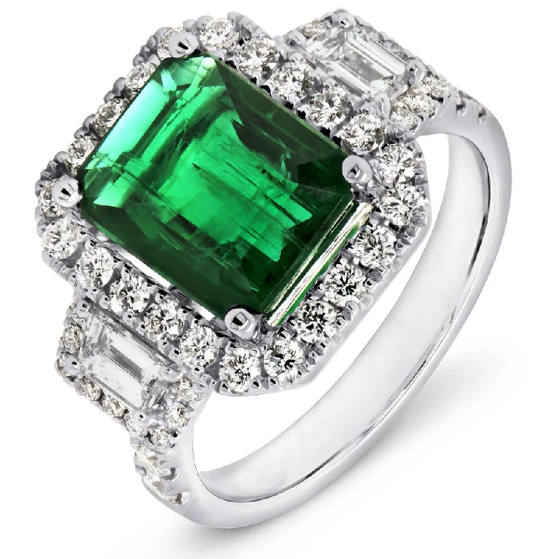 Simple Custom Engagement Rings For Couples-Uneek Precious Collection 3-Stone-Halo Emerald Cut Emerald Fashion Ring