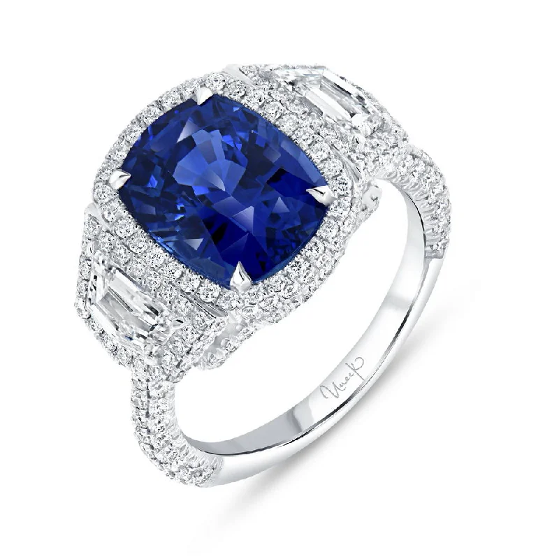 Classic Wedding Bands For Bridesmaids With Diamonds-Uneek Precious Collection 3-Stone-Halo Cushion Cut Blue Sapphire Engagement Ring