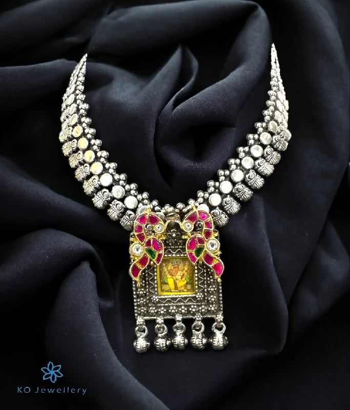 Sparkling Sapphire Necklace For Weddings-The Ganesha Silver Antique Kundan Necklace (2 tone)