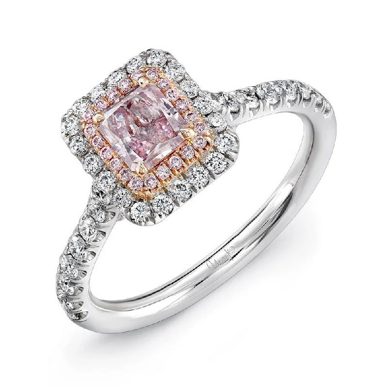 Sparkling Sapphire Rings For Anniversary Gifts-Uneek Radiant-Cut Pink Diamond Engagement Ring with Pink Diamond Inner Halo and White Diamond Outer Halo