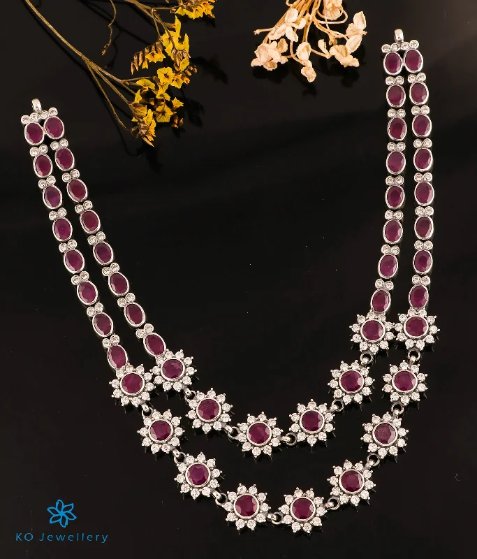 Luxury Chain Necklace For Special Events-The Madhulika 2 layer Silver Kemp Necklace (Red/White/Oxidised)