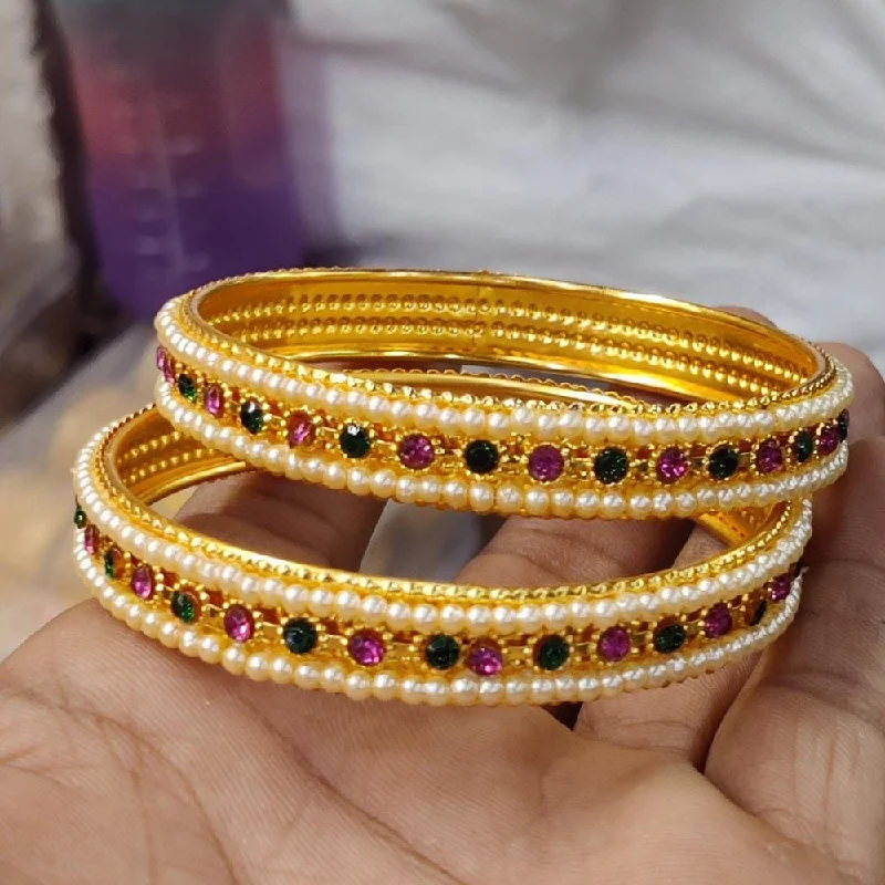 Sparkling Custom Rose Gold Bangles For Wedding Day-Pooja Bangles Gold Plated Austrian Stone And Pearl  Bangles Set