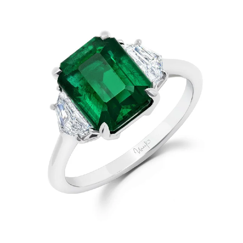 Personalized Birthstone Rings For Wedding Day-Uneek Precious Collection Three-Stone Emerald Cut Emerald Engagement Ring