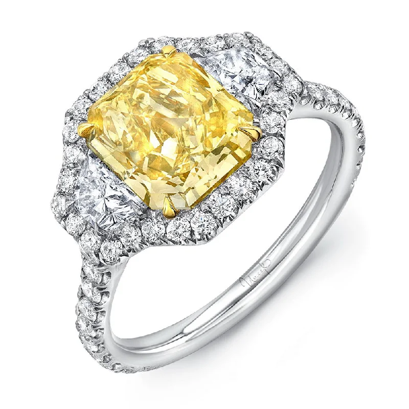 Classic Wedding Bands For Timeless Beauty-Uneek Radiant-Cut Yellow Diamond Center Three-Stone Engagement Ring with Pave Halo