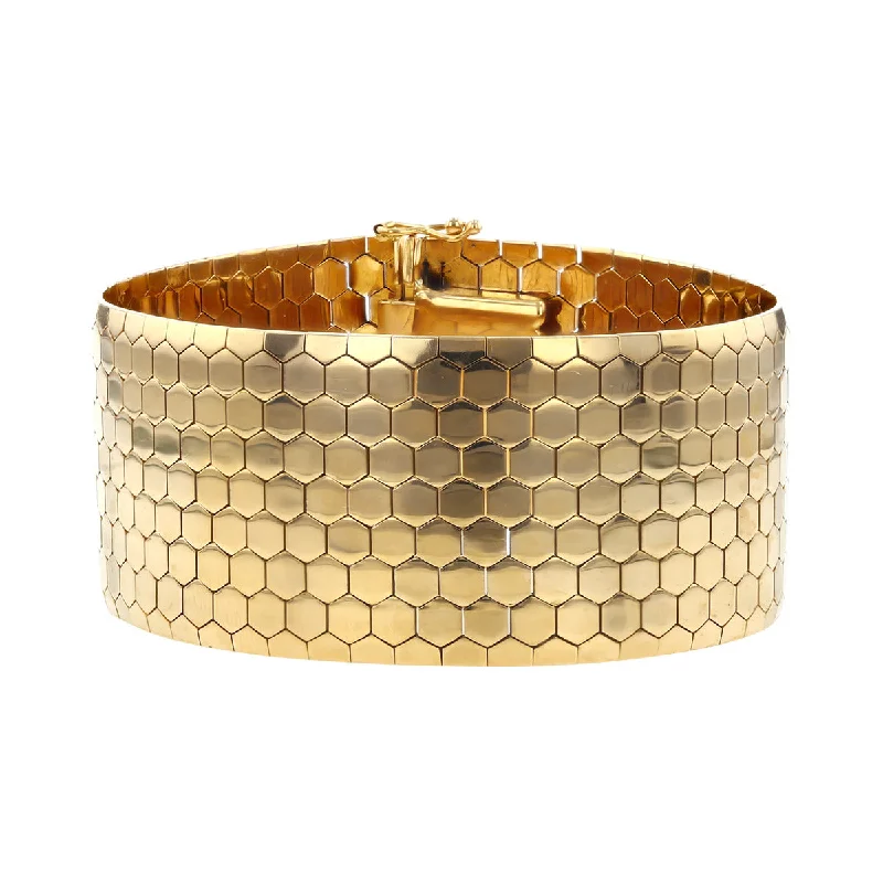 Handcrafted Gemstone Bracelets For Women-Mid-Century 1-Inch Wide 18K Gold Brick Mesh Bracelet