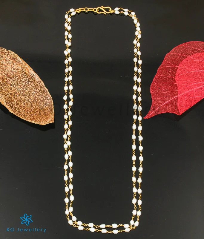 Simple Crystal Necklace For Weddings-The Samudra Silver Pearl Necklace (Long Pearls/2 layers)