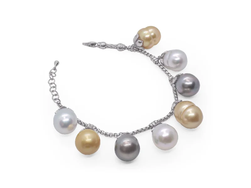 Fashionable Gold Bracelets For Occasions-ALOR Black, White & Yellow South Sea Pearl Charm Bracelet with Grey Chain