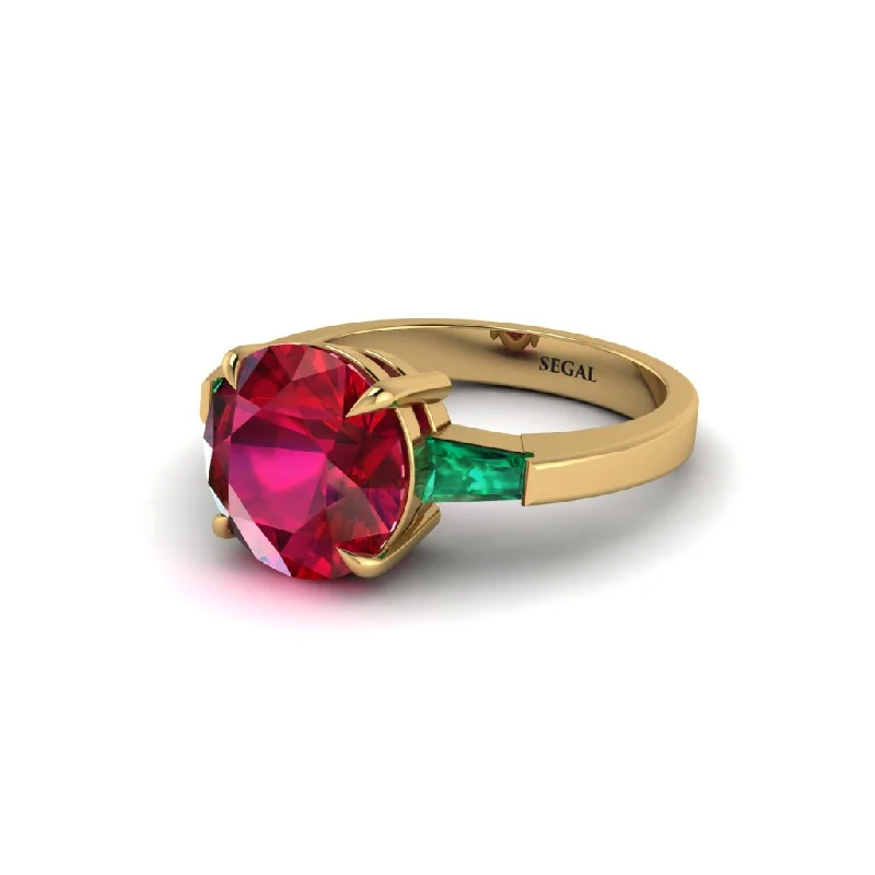 Trendy Men’s Wedding Rings For Modern Grooms-3 Stone Round Cut Ruby With 2 Baguettes Engagement Ring - Gwendolyn No. 25