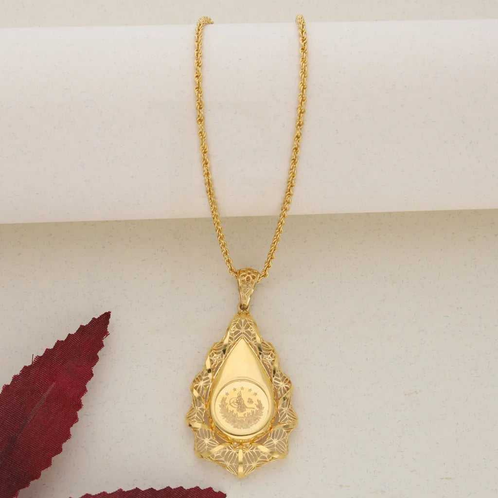 Personalized Crystal Pendant Necklace For Weddings-Gold Necklace (Chain with Gold Pear Shaped Pendant) 21KT - FKJNKL21K7686