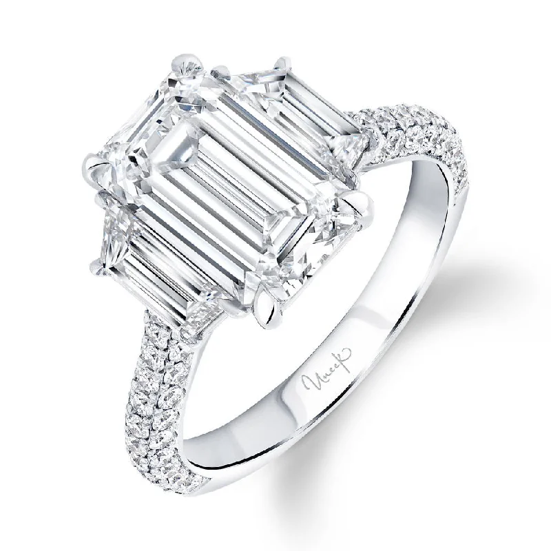 Trendy Custom Wedding Rings For Grooms-Uneek Signature Collection Three-Stone Emerald Cut Diamond Engagement Ring