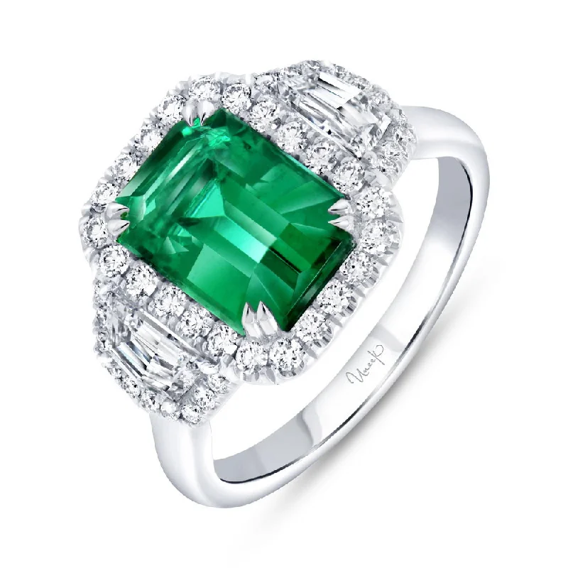 Trendy Rose Gold Rings For Fashion-Forward Brides-Uneek Precious Collection 3-Stone-Halo Emerald Cut Emerald Engagement Ring