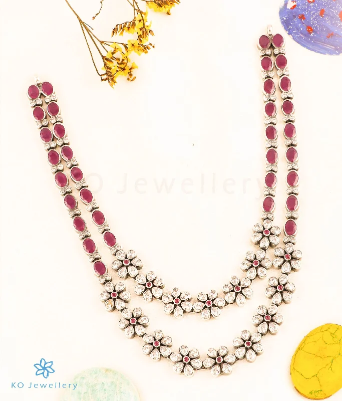 Classic Gold Necklace For Weddings-The Indrani 2 layer Silver Kemp Necklace (Red/White/Oxidised)