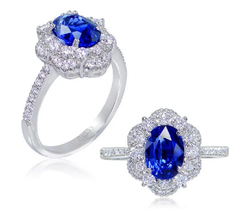 Classic Gold Engagement Rings For Special Moments-Uneek Oval Blue Sapphire Ring with Scalloped Diamond Double Halo and U-Pave Shoulders