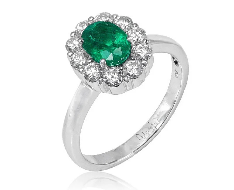 Personalized Custom Engagement Rings For Bridesmaids-Uneek Oval Emerald Ring with Scalloped Diamond Halo