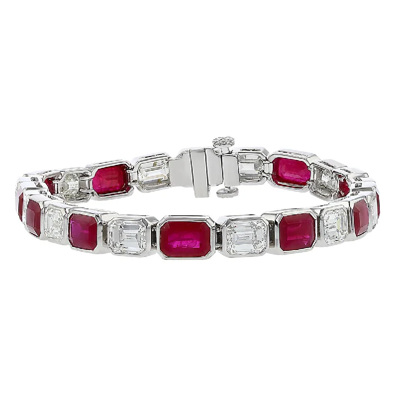 Leather Charm Bracelets For Women-Platinum Emerald-cut Ruby and Asscher Diamond Bracelet