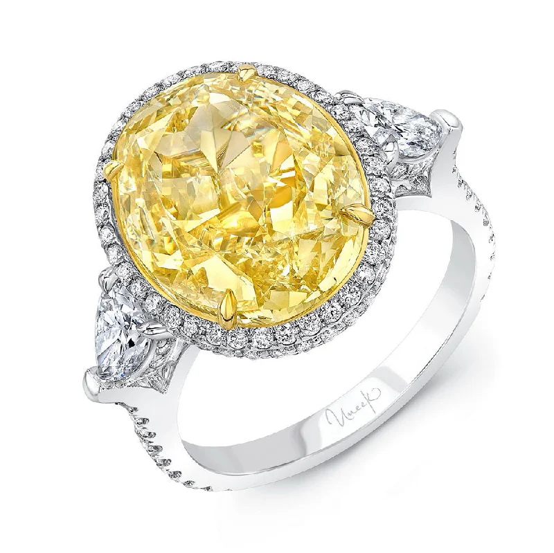 Trendy Gemstone Wedding Rings For Bridesmaids-Uneek Natureal Collection 3-Stone-Halo Oval Shaped Yellow Diamond Engagement Ring