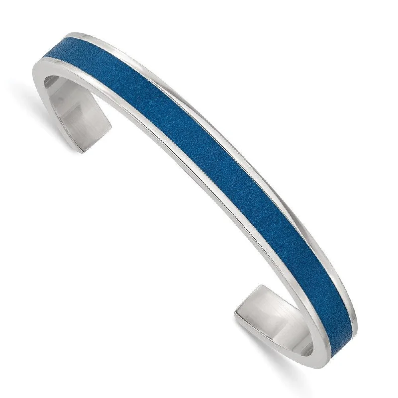 Personalized Custom Wedding Bangles For Bridesmaids Jewelry-Stainless Steel Polished Blue Leather Inlay 8mm Cuff Bangle