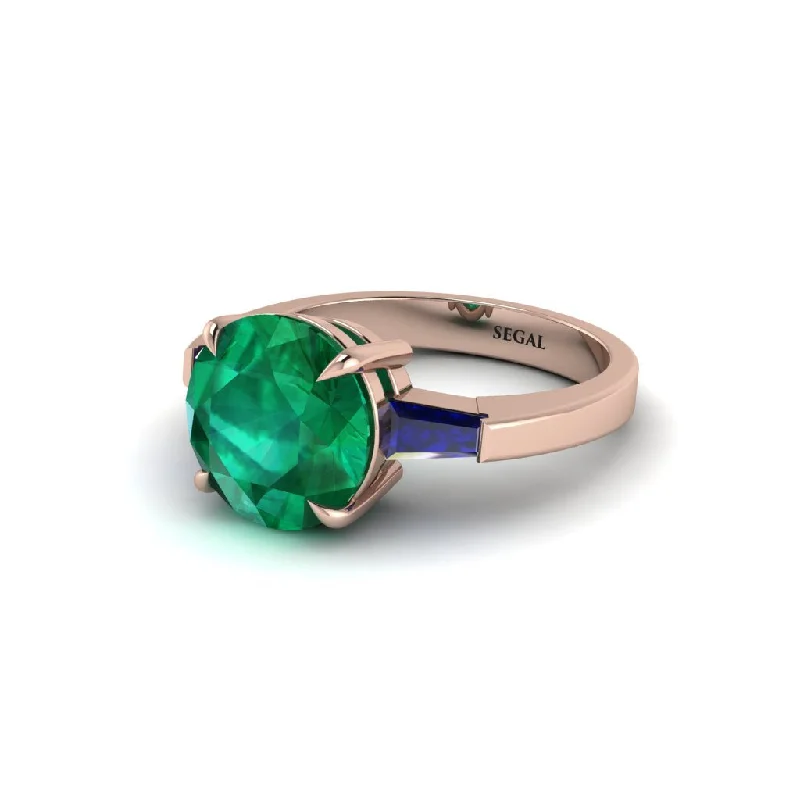 Personalized Gold Wedding Bands For Grooms-3 Stone Round Cut Emerald With 2 Baguettes Engagement Ring - Gwendolyn No. 65