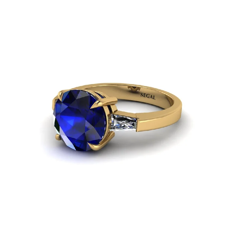 Sparkling Custom Wedding Rings For Special Occasions-3 Stone Round Cut Sapphire With 2 Baguettes Engagement Ring - Gwendolyn No. 13