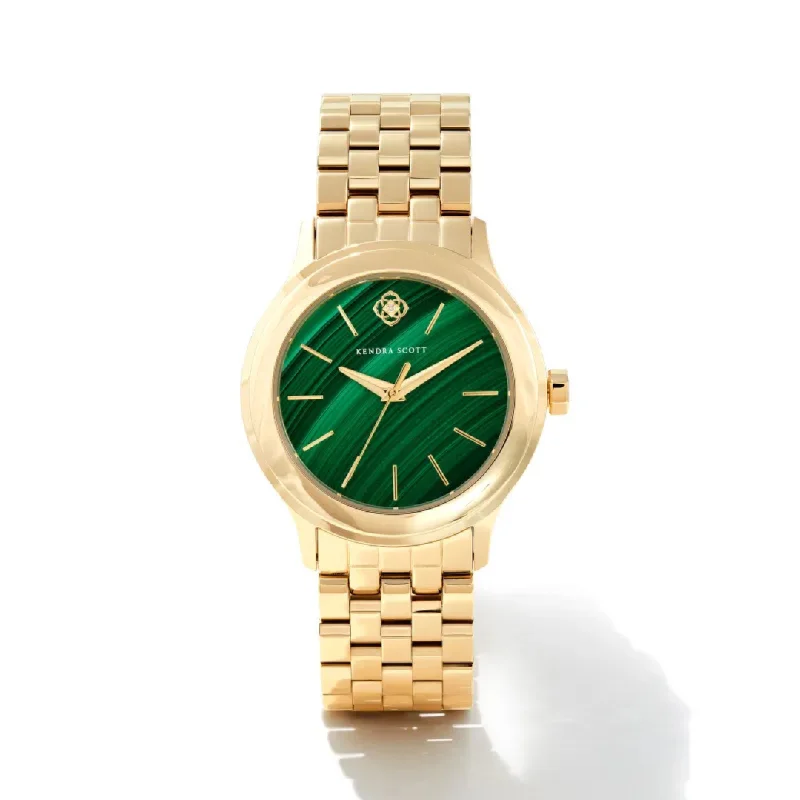 Digital Watches For Running And Fitness-Kendra Scott | Alex Gold Tone Stainless Steel 35mm Watch in Green Malachite