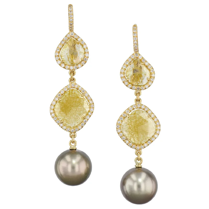 Trendy Earrings For Holiday Season-Handmade Yellow Diamond Slice Earrings With Tahitian Pearls