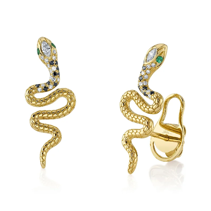 Elegant Earrings With Swarovski Crystals-Yellow Gold Diamond Emerald Snake Stud Earrings