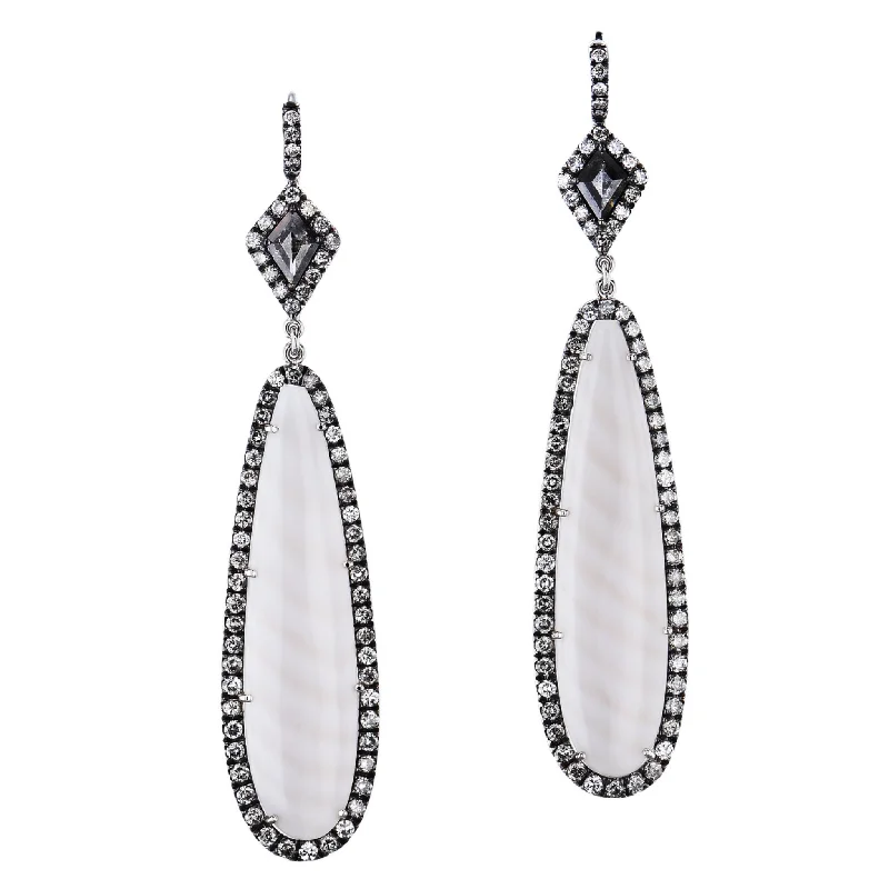 Luxury Pearl Earrings For Formal Events-White Striped Chalcedony Drop Earrings