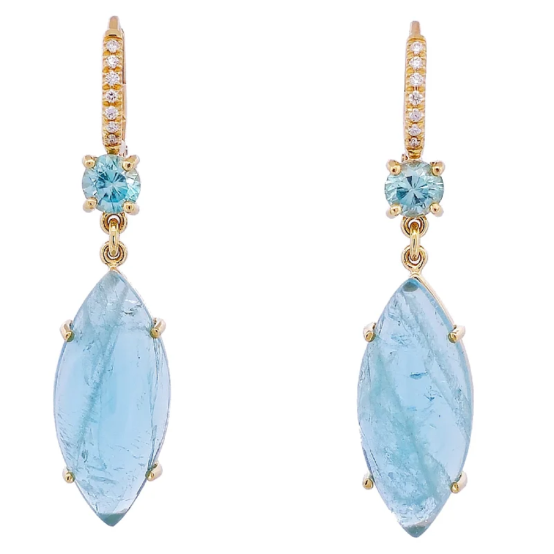 Crystal Stud Earrings For Elegant Look-Aquamarine Cabochon and Blue Zircon Yellow Gold Diamond Pave Drop Earrings