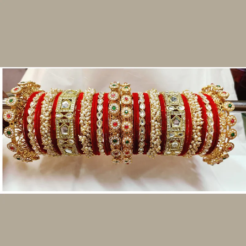 Trendy Wedding Bangles For Bridesmaids With Custom Stones-Pooja Bangles Gold Plated Pearl Velvet Bangles Set