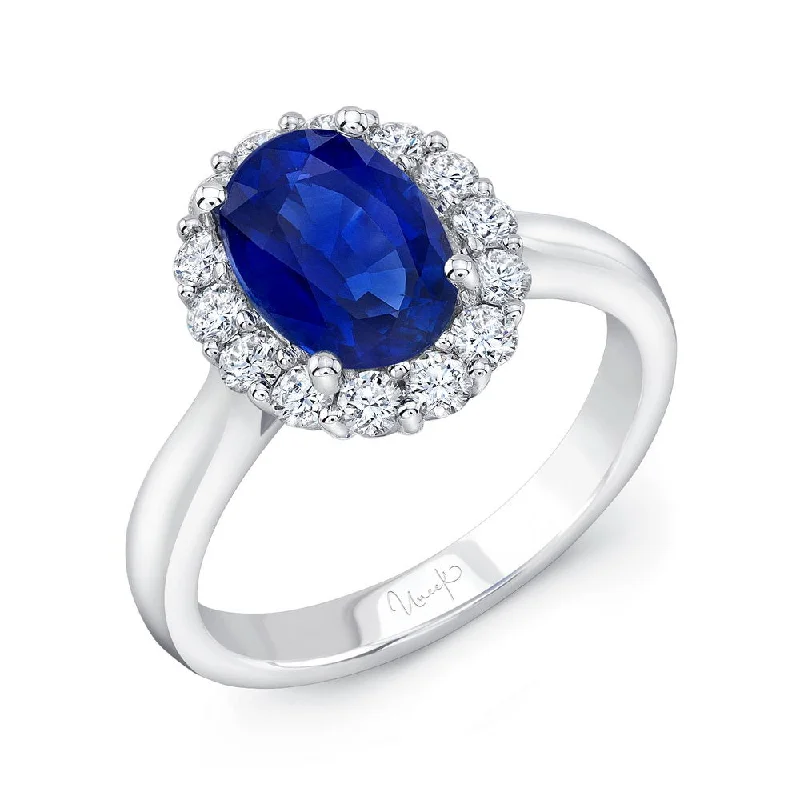 Classic Wedding Bands For Bridesmaids With Diamonds-Uneek Classic Oval Blue Sapphire Engagement Ring with Diamond Halo